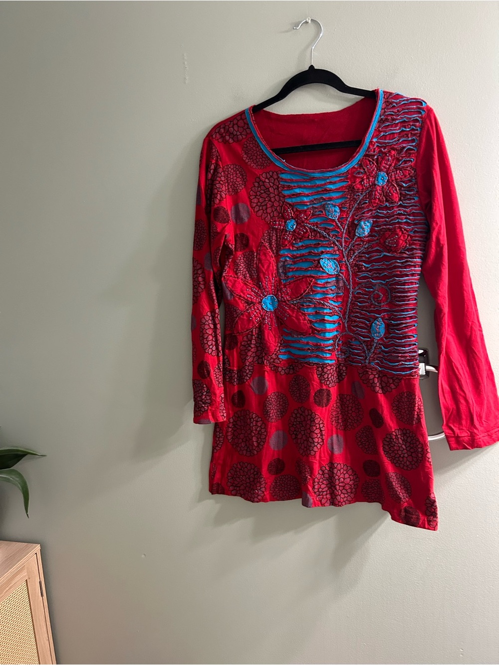 KARMA CIRCLE Womens Red Blue Cotton Top mini dress long sleeve embroidered boho